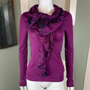 NWT Deletta anthropologie Fuchsia Purple Cowl Long Sleeve Top Scarf Neck Motif